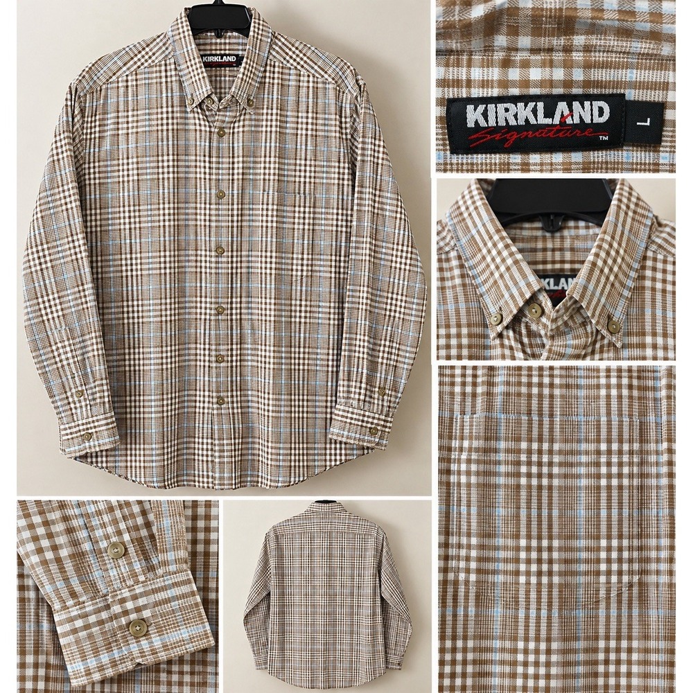 Kirkland Signature Men’s Large Plaid Button Down Shirt Brown Long Sleeve